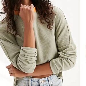 We the Free People Jayson Ringer Top Waffle Knit Thermal Alpine Green Orange S